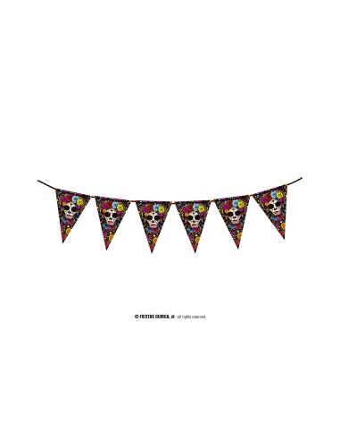 Gagliardetto decorativo messicano con teschi Catrina colorati e fiori per Día de los Muertos Halloween