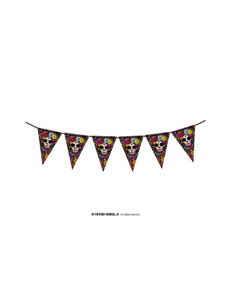 Gagliardetto decorativo messicano con teschi Catrina colorati e fiori per Día de los Muertos Halloween