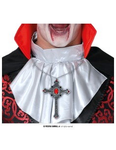 Collana gotica con croce argentata e rubini rossi 12cm per costumi Halloween vampiro 2