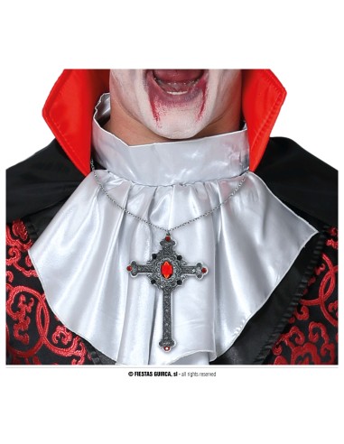 Collana gotica con croce argentata e rubini rossi 12cm per costumi Halloween vampiro