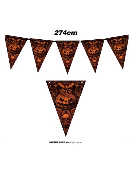Festone Halloween carta con bandierine triangolari zucche gotiche arancioni sfondo nero 300cm