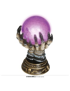 Decorazione Halloween mano scheletrica ceramica con sfera luminosa viola su base gotica