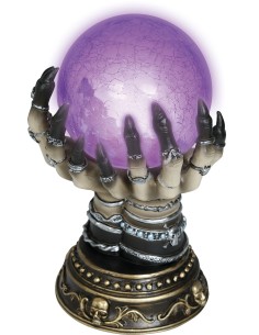 Decorazione Halloween mano scheletrica ceramica con sfera luminosa viola su base gotica 2