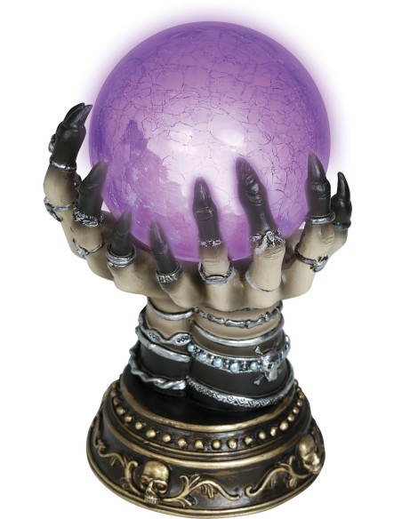 Decorazione Halloween mano scheletrica ceramica con sfera luminosa viola su base gotica
