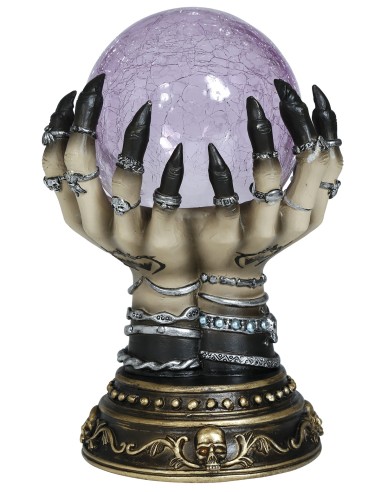 Decorazione Halloween mano scheletrica ceramica con sfera luminosa viola su base gotica