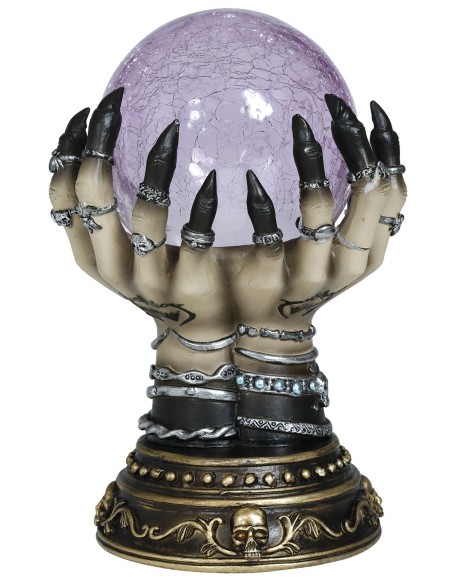 Decorazione Halloween mano scheletrica ceramica con sfera luminosa viola su base gotica