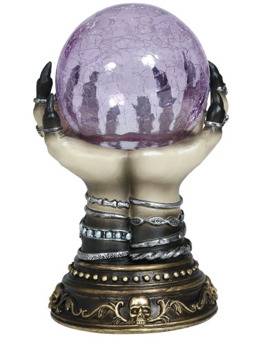 Decorazione Halloween mano scheletrica ceramica con sfera luminosa viola su base gotica