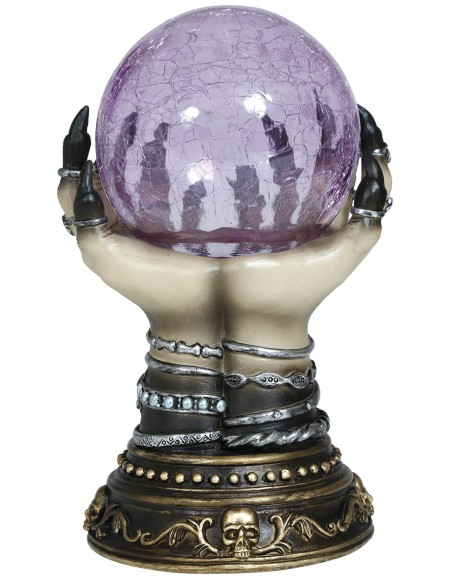 Decorazione Halloween mano scheletrica ceramica con sfera luminosa viola su base gotica
