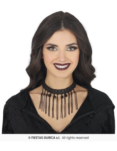 Girocollo gotico nero in pizzo con catene pendenti e pietre decorative per costume Halloween donna