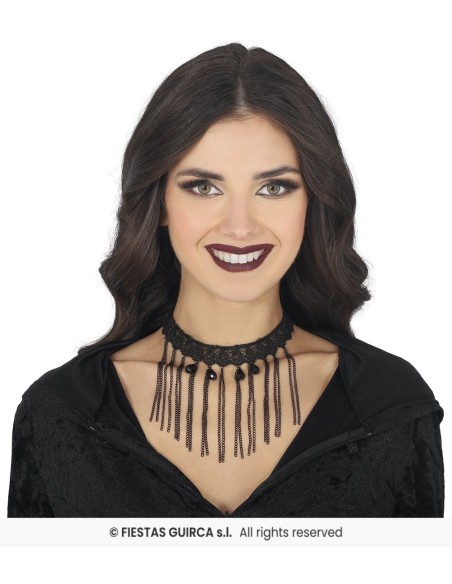 Girocollo gotico nero in pizzo con catene pendenti e pietre decorative per costume Halloween donna