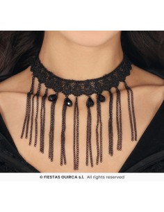 Girocollo gotico nero in pizzo con catene pendenti e pietre decorative per costume Halloween donna 2