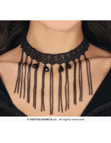 Girocollo gotico nero in pizzo con catene pendenti e pietre decorative per costume Halloween donna