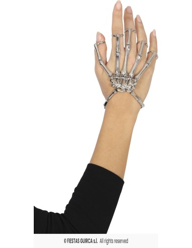 Bracciale scheletro metallico argento con anelli per dita accessorio Halloween horror