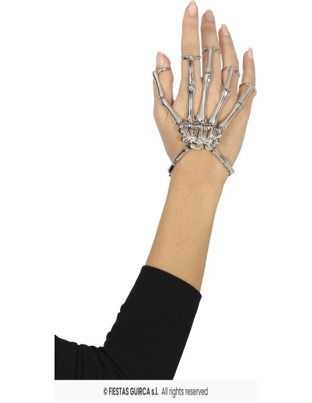 Bracciale scheletro metallico argento con anelli per dita accessorio Halloween horror