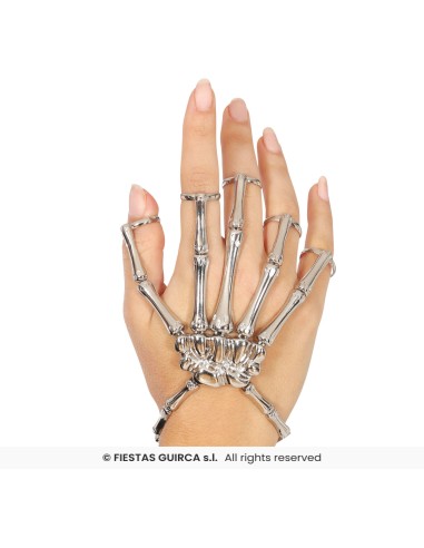 Bracciale scheletro metallico argento con anelli per dita accessorio Halloween horror