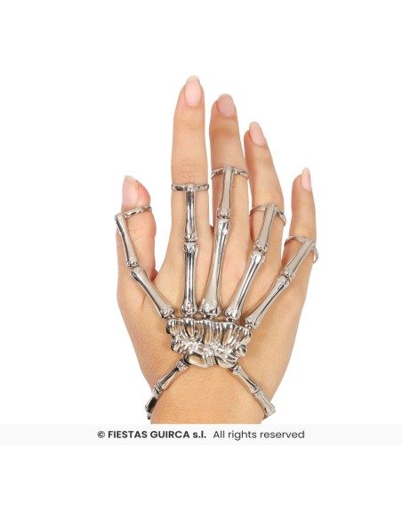 Bracciale scheletro metallico argento con anelli per dita accessorio Halloween horror