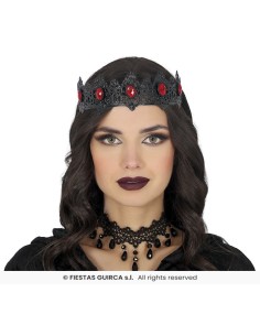 Corona gotica nera con rubini rossi e punte metalliche per costume Halloween regina dark