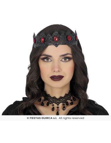 Corona gotica nera con rubini rossi e punte metalliche per costume Halloween regina dark