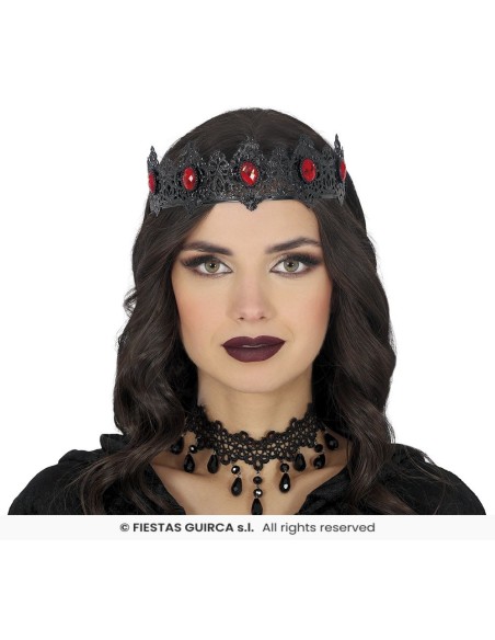 Corona gotica nera con rubini rossi e punte metalliche per costume Halloween regina dark