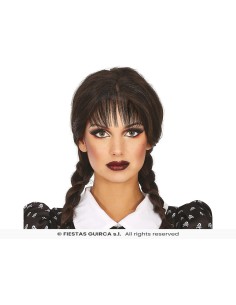 Parrucca nera con trecce lunghe e frangia stile Mercoledì Addams per Halloween e cosplay