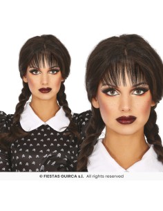 Parrucca nera con trecce lunghe e frangia stile Mercoledì Addams per Halloween e cosplay 2