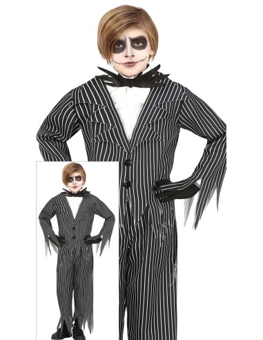 Costume Mr. Skeleton bambino giacca gessata nera righe bianche papillon Halloween elegante