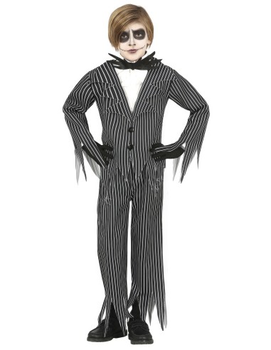 Costume Mr. Skeleton bambino giacca gessata nera righe bianche papillon Halloween elegante