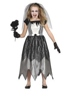 Costume sposa fantasma bambina con abito bianco nero lacero, velo strappato e bouquet per Halloween