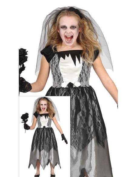 Costume sposa fantasma bambina con abito bianco nero lacero, velo strappato e bouquet per Halloween