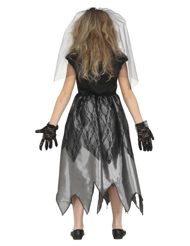 Costume sposa fantasma bambina con abito bianco nero lacero, velo strappato e bouquet per Halloween