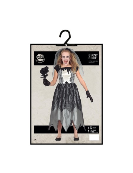 Costume sposa fantasma bambina con abito bianco nero lacero, velo strappato e bouquet per Halloween