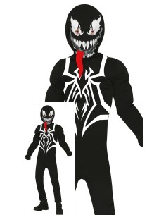 Costume Venom nero bambino con tuta aderente simbolo ragno bianco e maschera denti aguzzi Halloween