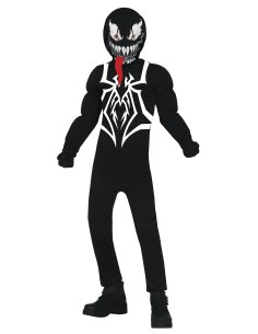 Costume Venom nero bambino con tuta aderente simbolo ragno bianco e maschera denti aguzzi Halloween 2