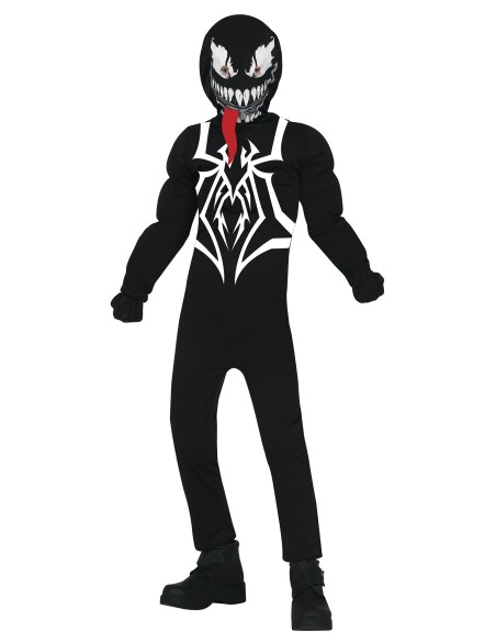 Costume Venom nero bambino con tuta aderente simbolo ragno bianco e maschera denti aguzzi Halloween