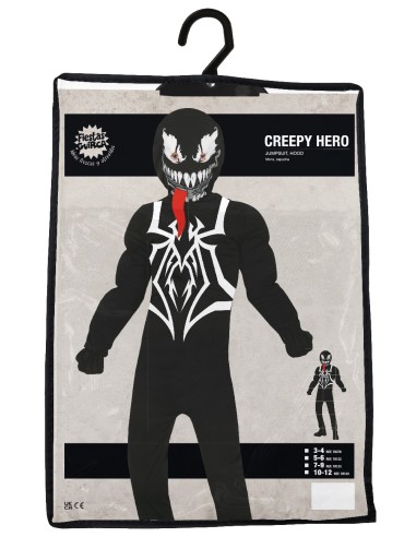 Costume Venom nero bambino con tuta aderente simbolo ragno bianco e maschera denti aguzzi Halloween