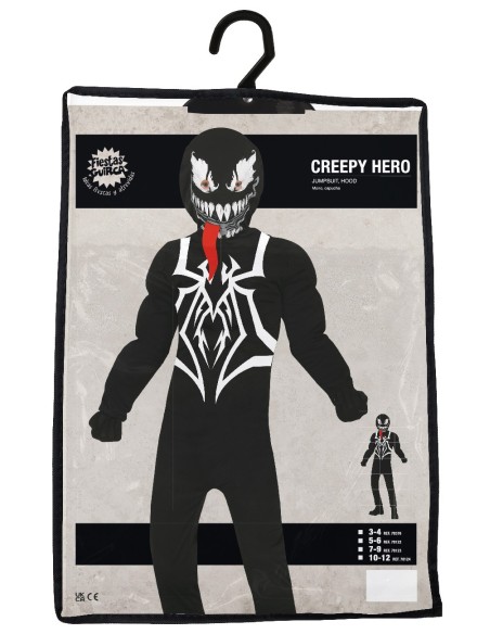 Costume Venom nero bambino con tuta aderente simbolo ragno bianco e maschera denti aguzzi Halloween
