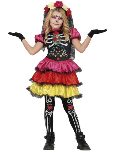 Costume Catrina messicana bambina con gonna multicolore volant e corpetto teschio floreale Halloween
