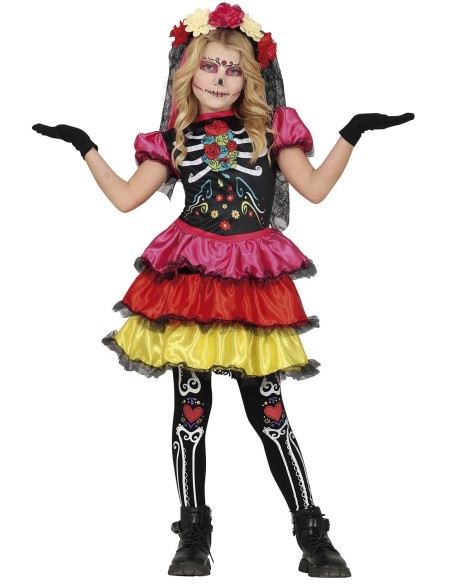 Costume Catrina messicana bambina con gonna multicolore volant e corpetto teschio floreale Halloween