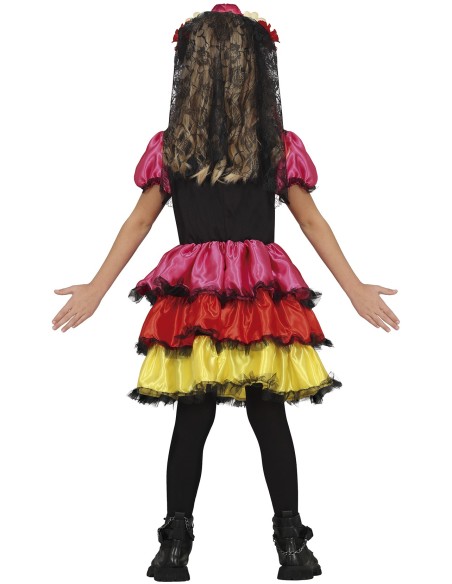 Costume Catrina messicana bambina con gonna multicolore volant e corpetto teschio floreale Halloween