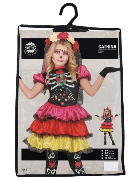 Costume Catrina messicana bambina con gonna multicolore volant e corpetto teschio floreale Halloween