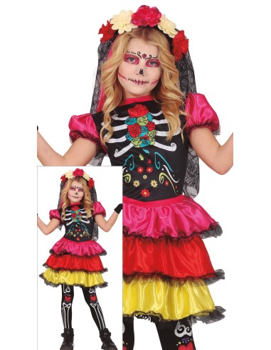 Costume Catrina messicana bambina con vestito multicolore e corona fiori per Halloween Día de los Muertos