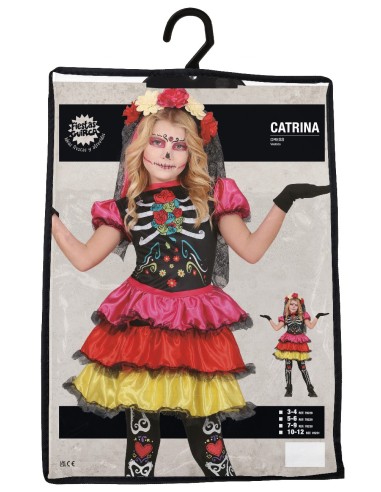 Costume Catrina messicana bambina con vestito multicolore e corona fiori per Halloween Día de los Muertos