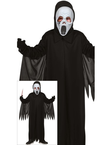 Costume Assassino Fantasma bambino con maschera bianca, tunica nera e mantello per Halloween horror