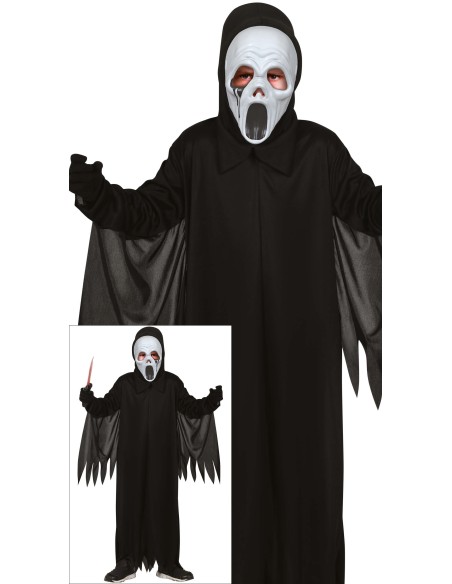 Costume Assassino Fantasma bambino con maschera bianca, tunica nera e mantello per Halloween horror
