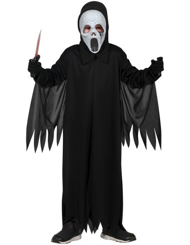 Costume Assassino Fantasma bambino con maschera bianca, tunica nera e mantello per Halloween horror