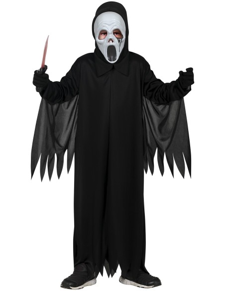 Costume Assassino Fantasma bambino con maschera bianca, tunica nera e mantello per Halloween horror