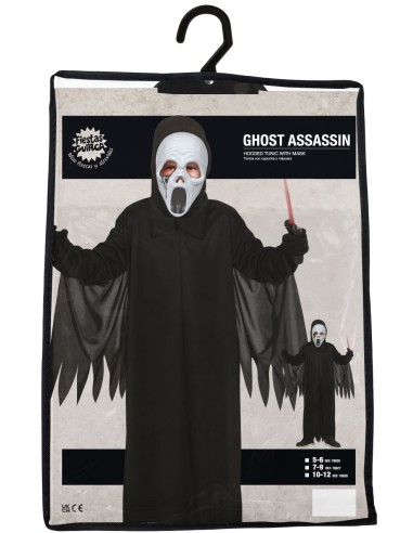 Costume Assassino Fantasma bambino con maschera bianca, tunica nera e mantello per Halloween horror