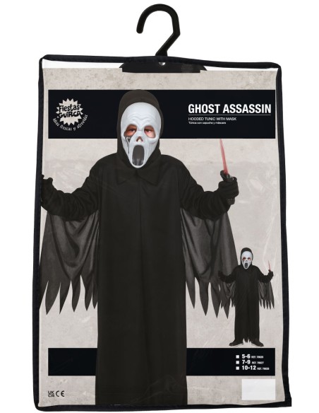 Costume Assassino Fantasma bambino con maschera bianca, tunica nera e mantello per Halloween horror