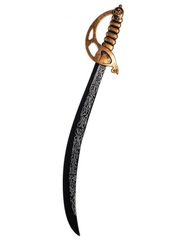Spada pirata curva in plastica nera e oro con teschio decorativo per costume da corsaro Halloween