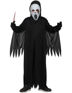Costume assassino fantasma nero con maschera bianca e mantello per bambino Halloween 2